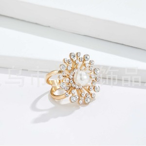 Floral Pearl Rhinestone <b>Ring</b> Gold Tone <b>Crystal</b> Pave Setting Women's Everyday Wear Accessory - Product Image 3