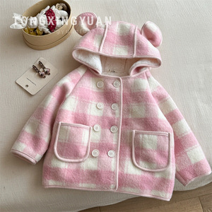 Child Star Circle Girls <b>Coat</b> Pink Checkered Hooded Thick Fleece <b>Lined</b> Winter Outwear - Product Image 1