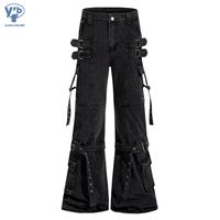 YUANBOFEI Jeans personnalisés de haute qualité, style rock, déchirés, avec détails de sangles, denim de travail, coupe évasée, effet allongeant les jambes, unisexe