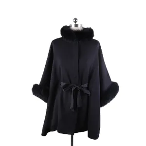 wholesale Fashion design women wool coat with fur trim coat cape