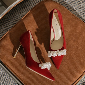 Zapatos de Tacón Alto Rojos para Mujer, Plataforma, Cuero Genuino, Diseño a Cuadros, Cómodos, Transpirables, Antideslizantes, Punta en Pico, Hebilla con Flor - Product Image 6