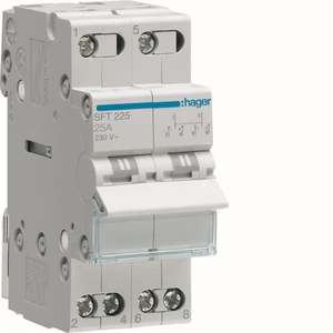SFT225 Personalizzabile con interruttore di commutazione Hagers 1-0-2, 2 poli, 2 NO + 2 NC, 25 A, 2 moduli DIN, attacco superiore comune - Product Image 1