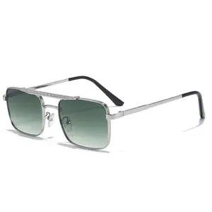 Kacamata hitam persegi panjang logam modis uniseks, kacamata pelindung terik matahari dengan lensa gradien paduan untuk pria dan wanita