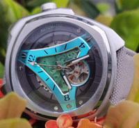 Reloj de Pulsera para Hombre, Esqueleto, Mecánico Automático, Correa de Silicona Cuadrada