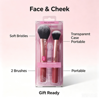 Lot de 2 pinceaux de maquillage pour le visage et les joues Sweet Rose, étui transparent, kit professionnel de pinceaux pour fond de teint, poudre et blush pour femmes