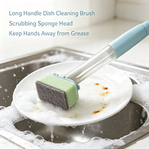 Long Handle Sponge <b>Scrub</b> <b>Brush</b> Soap Dispenser Dishwashing Cleaner for Kitchen Pot Pan Sink - Product Image 3