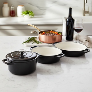 Vente directe d'usine de batterie de <span class=keywords><strong>cuisine</strong></span> en fonte émaillée 3 pièces, casseroles en fonte émaillée noire, ustensiles de <span class=keywords><strong>cuisine</strong></span>, cocotte en fonte - Product Image 6