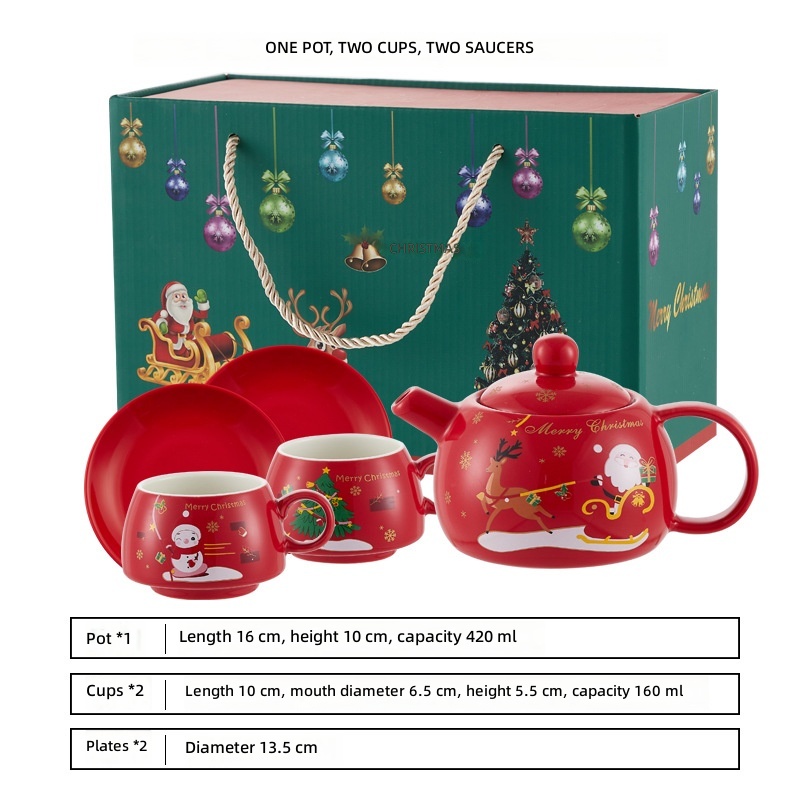 Bright red, one pot, two cups, two plates, simple style