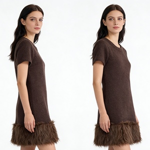 Robe Courte en Maille Marron pour Femme, Manches Courtes, Bordure en Fourrure, Élégante, Décontractée, pour Soirée, Robes Tendance - Product Image 3