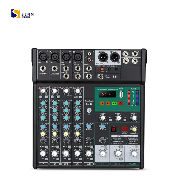 SUM-SR8 professional 8 Channel Music Mixing Console With USB MP3 Computer Input 48V Phantom Power DJ audio Mixer FX 16-Bit DSP