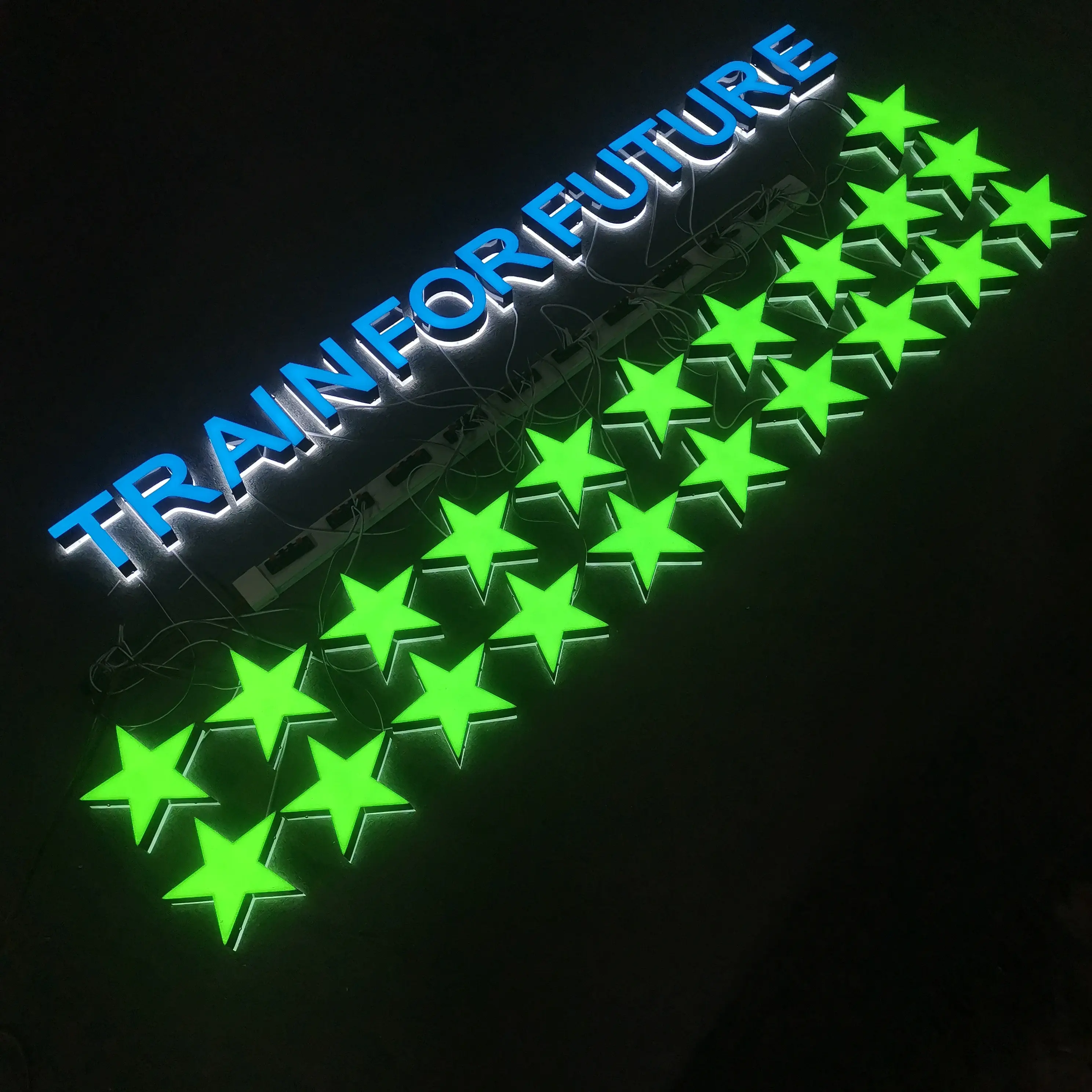 Letras de estrelas azuis para uso externo, sinal led personalizado, sinais iluminados para parede escolar
