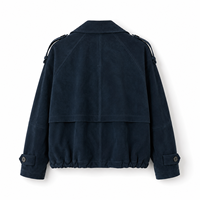 Chaqueta de mujer de gamuza genuina azul marino, con un solo botón, informal, corta, cortavientos, con forro de poliéster, epaulettes y dobladillo con cordón.