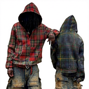 Sweat-shirt à capuche zippé en flanelle à carreaux pour homme, coupe oversize, style streetwear décontracté, en coton épais pour l'automne – Prix abordable, haute qualité - Product Image 2