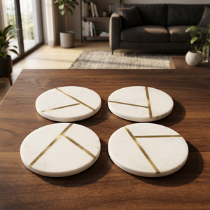 Juego de 4 posavasos de piedra de mármol natural hechos a mano con centro grabado en metal de latón, elegantes y duraderos accesorios para bebidas - Product Image 4