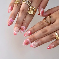 Ongles en acrylique à presser, longueur moyenne, rose dégradé doux, avec fleurs 3D et papillons scintillants, forme amande, vente en gros, personnalisables