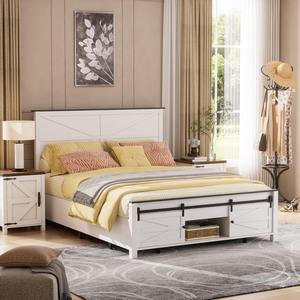 Комплект мебели для спальни в стиле фермерского дома, белый, винтажный, 3 предмета, для кровати размера «<span class=keywords><strong>queen</strong></span>-size», с раздвижной дверью-шторкой, из МДФ, с USB-портом для зарядки - Product Image 3