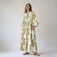 Robe Kaftan Midi à Col en V et Manches Longues en Coton 100% Imprimé Floral de Jaipur, Coupe Classique Bohème Naturelle Respirante pour Femme, Idéale pour l'Été
