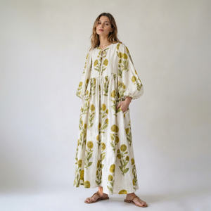 Jaipuri Block Print Floral 100% Cotton Midi <b>Kaftan</b> Dress Women Regular Fit Bohemian Natural Breathable <b>Summer</b> Beach Resort Wear - Product Image 1