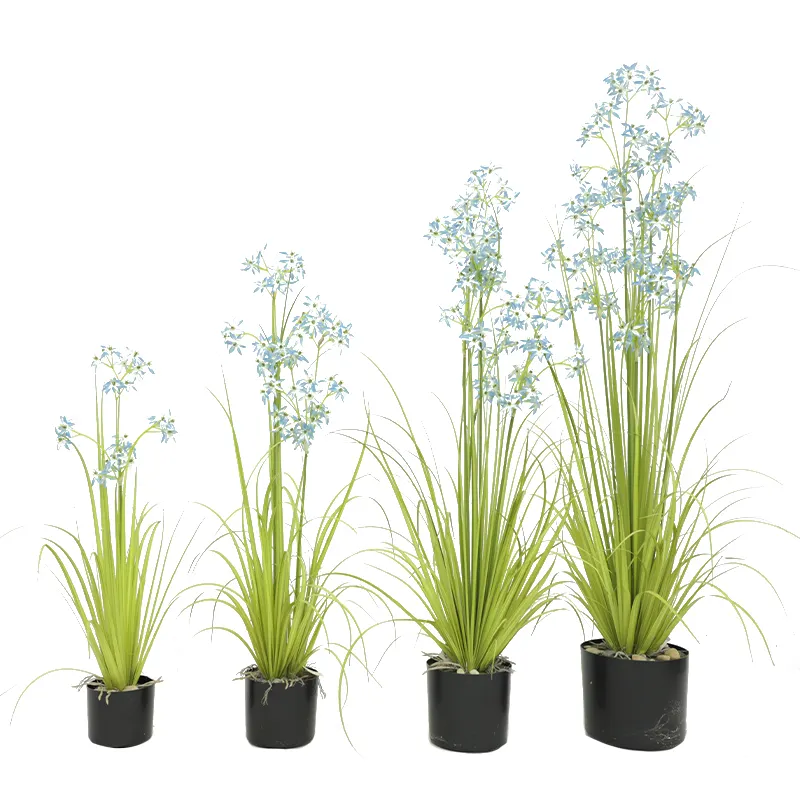 Lüks yapay bitki kapalı dekor yanmaz PVC açık Onion çim ile küçük mavi çiçek