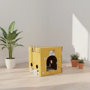 Maison de jeu pour <span class=keywords><strong>chat</strong></span> en <span class=keywords><strong>carton</strong></span> empilable avec grande porte, <span class=keywords><strong>abri</strong></span> à gratter à 2 niveaux, adorable maison pour animaux de compagnie à motifs floraux - Product Image 5