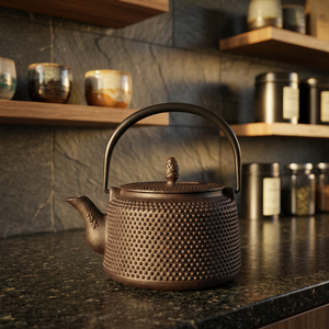 Tetera de metal tradicional china con tapa y asa, diseño texturizado en marrón oscuro - Product Image 3