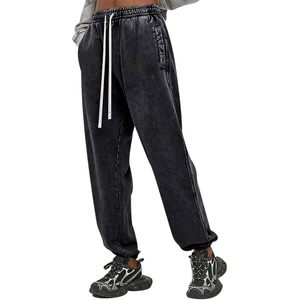 Pantalon de jogging ample à jambe large pour femme, taille haute, délavé à l'acide, avec poches, style streetwear décontracté, en tissu éponge respirant - Product Image 1