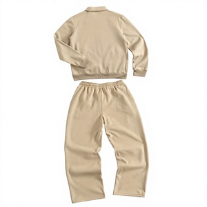 Ensemble de survêtement décontracté deux pièces pour homme, beige crème, avec veste à col zippée intégrale épaisse et pantalon de survêtement large à cordon de serrage - Product Image 2