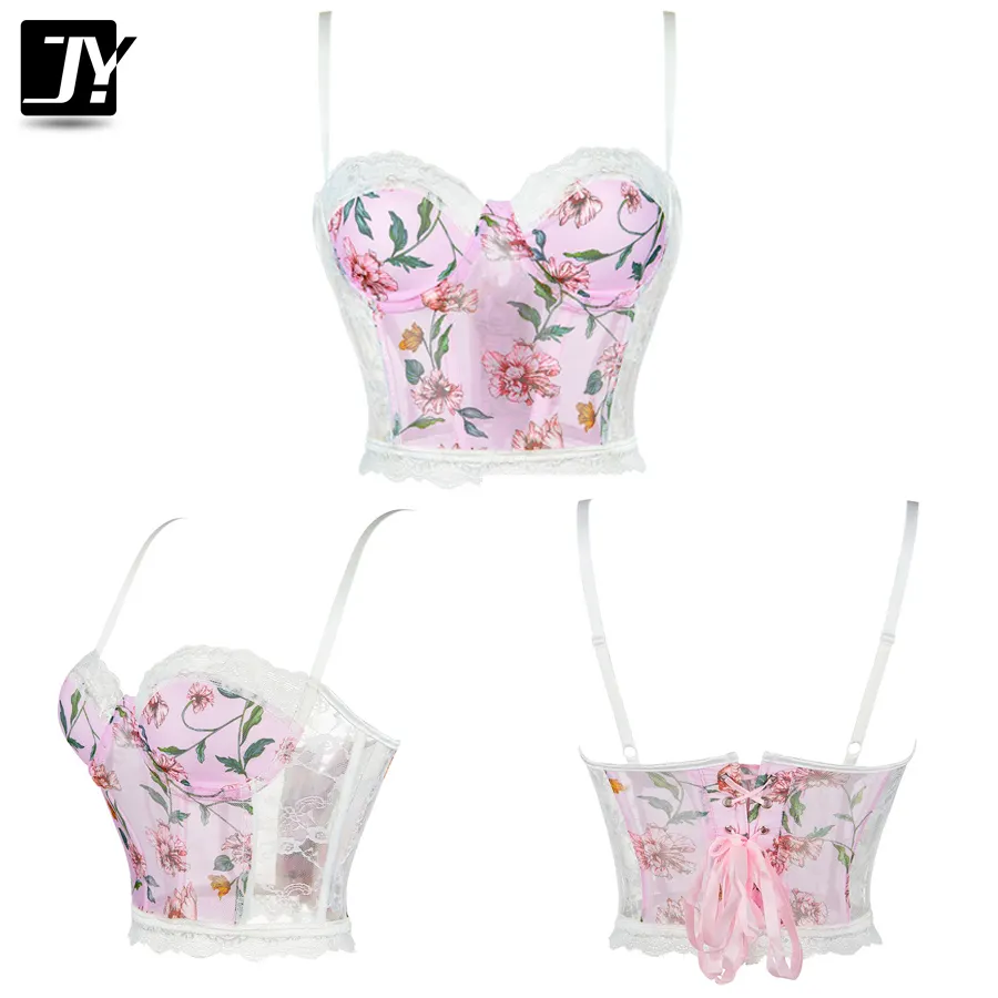 Malha de verão Sexy Bustier Tops Mulheres Rosa Lace Espartilho Bra Vest Apertado Tubo Sem Mangas Top bustier Tanques das Mulheres Top Com Renda