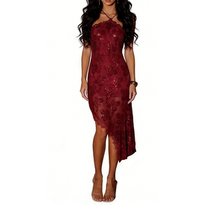 ชุดเดรสลูกไม้ปักเลื่อมลายดอกไม้สำหรับผู้หญิง แบบผูกคอ ความยาวปานกลาง ชายกระโปรงไม่สมมาตร ชุดเดรสสำหรับงานปาร์ตี้ แฟชั่น - Product Image 1