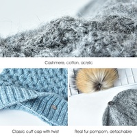 Bonnets d'hiver tricotés à pompon en fourrure naturelle, bonnets chauds en cachemire torsadé pour femmes, bonnet à pompon personnalisé, vente en gros