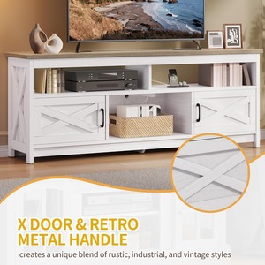 Farmhouse White Wooden TV Stand for 75 Inch TV Entertainment Center with LED Light Power Outlets Storage Cabinets - Product Image 3