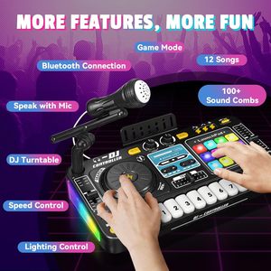Table de mixage DJ électronique pour enfants, jouet de simulation avec microphone, contrôle de la vitesse de la lumière et mode de jeu musical - Product Image 2