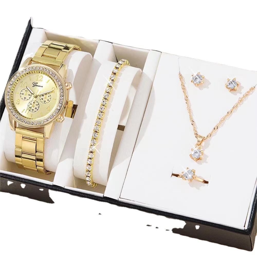 Комплект из 6 предметов, роскошные часы, Женское кольцо, ожерелье, серьги, модные наручные часы со стразами