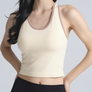 Commercio all'ingrosso reggiseno sportivo a coste con Splicing di colore 2025 imbottito con scollo a U comodo di lusso Slim Fit tutto in partita canotta a coste Racerback - Product Image 3