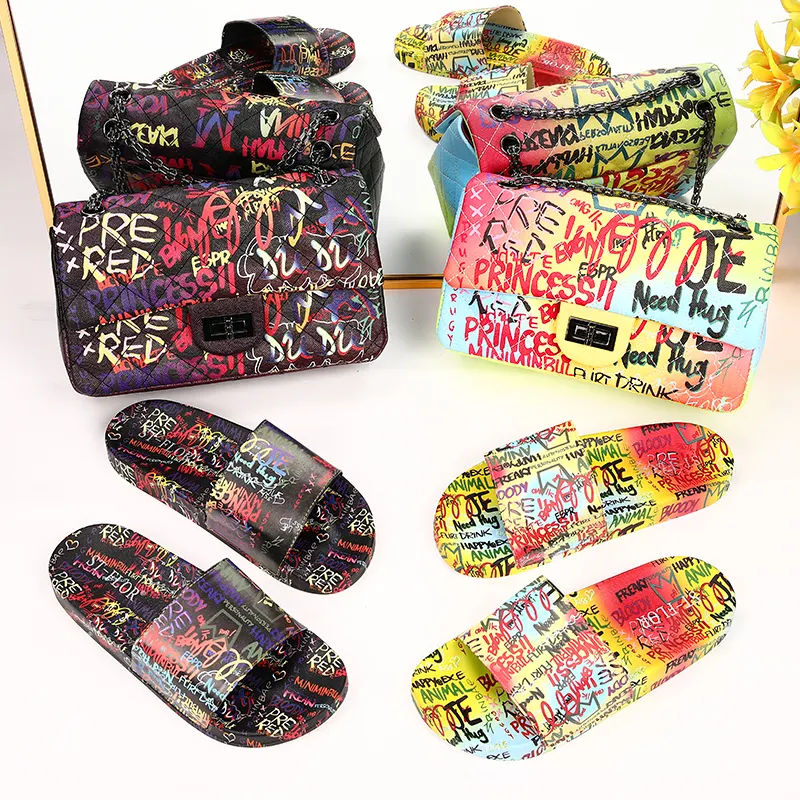 Conjunto de bolsas e calçados, conjunto de bolsas femininas com estampa de grafite, sandálias que combinam, 2021