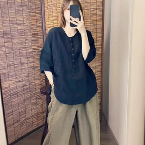 Green Cotton Linen Short Sleeve <b>Blouse</b> Loose Fit Round Neck Women's Shirt Everyday Wear Simple Style Solid Color Top - Product Image 4
