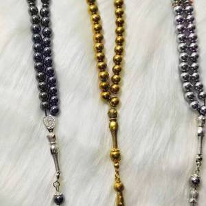 YASEEN - Misbaha Étnica de Hematita Negra Metálica Brillante de 8 mm, 33 Cuentas, Tasbih Islámico Portátil para Zikr, con Borla de Metal - Product Image 1