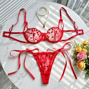 Red Heart Embroidery Lace Lingerie <b>Set</b> <b>Sexy</b> Sheer Mesh Intimates Underwire Bra and Tie Side Thong Panties <b>Set</b> 2 Piece OEM ODM - Product Image 6