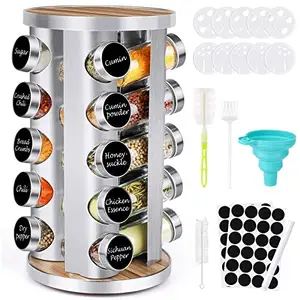 Rotating Seasoning Organizer Stainless Steel Wooden Kitchen Countertop Spice Rack with Labels Funnel Brushes