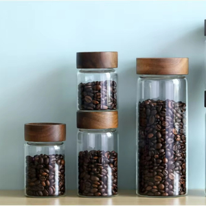 Contenitore Ermetico in Vetro per Alimenti con Coperchio in Legno di Acacia, Barattolo Rotondo Trasparente - Product Image 1