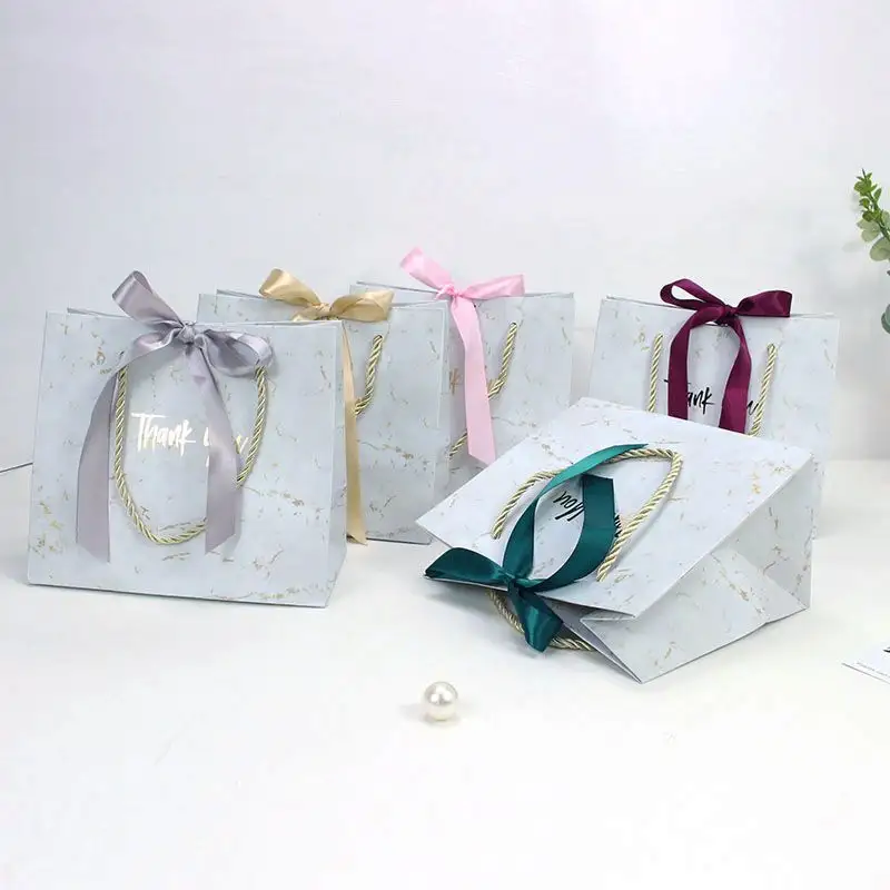 Saco de papel de luxo estampado de mármore, moda, bonito, graças, com fita, embalagem personalizada, quadro branco, saco de presente de papel