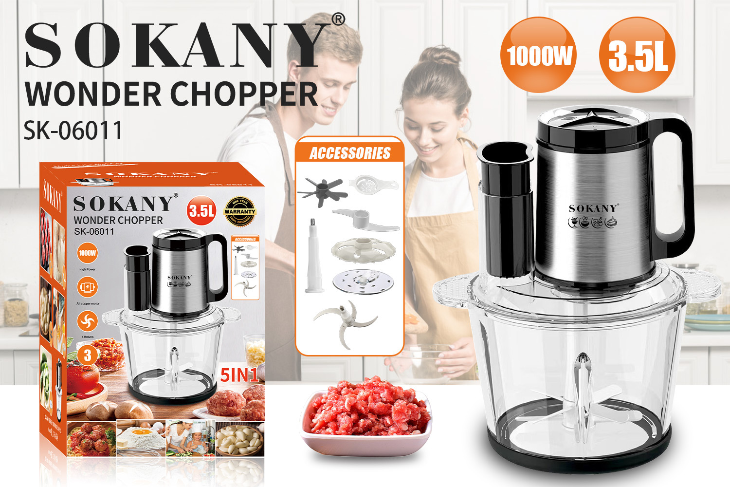 Robot Hachoir 5-en-1 Sokany SK-06011 Wonder Chopper 3.5L 1000W Bol Verre/Inox