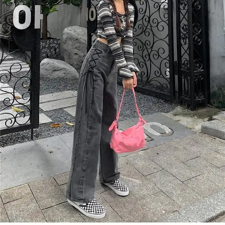 Vintage Jeans 2022 Autumn Hip-Hop Grey Lace-Up Jeans Women'S Korean Style Loose High Waist Wide Leg Pants