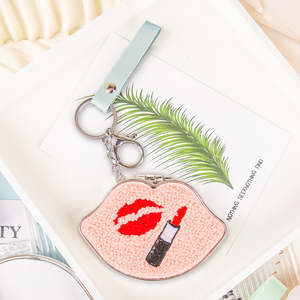 Lip Shaped Plush Embroidered Compact Mirror Keychain PU Leather Strap Folding Double Sided <b>Pocket</b> Makeup Mirror Wholesale Custom - Product Image 4