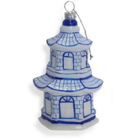 Grosir ornamen natal meriah gelas cetak mewah dekorasi bunga Pagoda biru dan putih Tiongkok