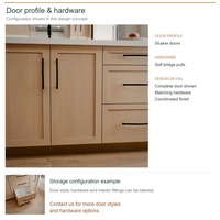 Meuble de cuisine Shaker en chêne blanc avec portes encadrées, aménagement en îlot, dimensions personnalisées, boîtes en panneaux mélaminés et rangement coulissant