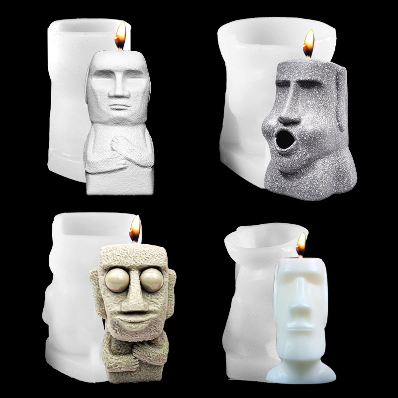 DM499 Funny Gypsum Rock Figure Moai Stone Man Face Candle