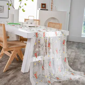 Taplak Meja Tulle Renda Motif Bunga, Penutup Meja Bordir Renda Putih untuk Meja Makan Malam
