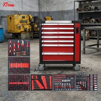 Chariot d'atelier RT TOOL avec 7 tiroirs et 1 porte, tiroirs équipés d'un ensemble d'outils de 259 pièces