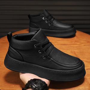 Men's Retro High <b>Top</b> Casual Boots Comfortable Soft-Sole Design Cotton Fabric Lace-Up Artificial Leather EVA Insole <b>Walking</b> Shoes - Product Image 2
